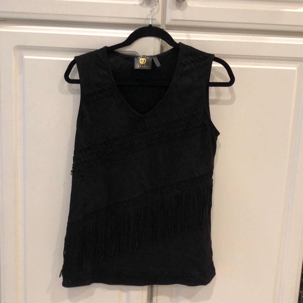 Vecceli Italy Black Faux Suede Fringed Boho Top
